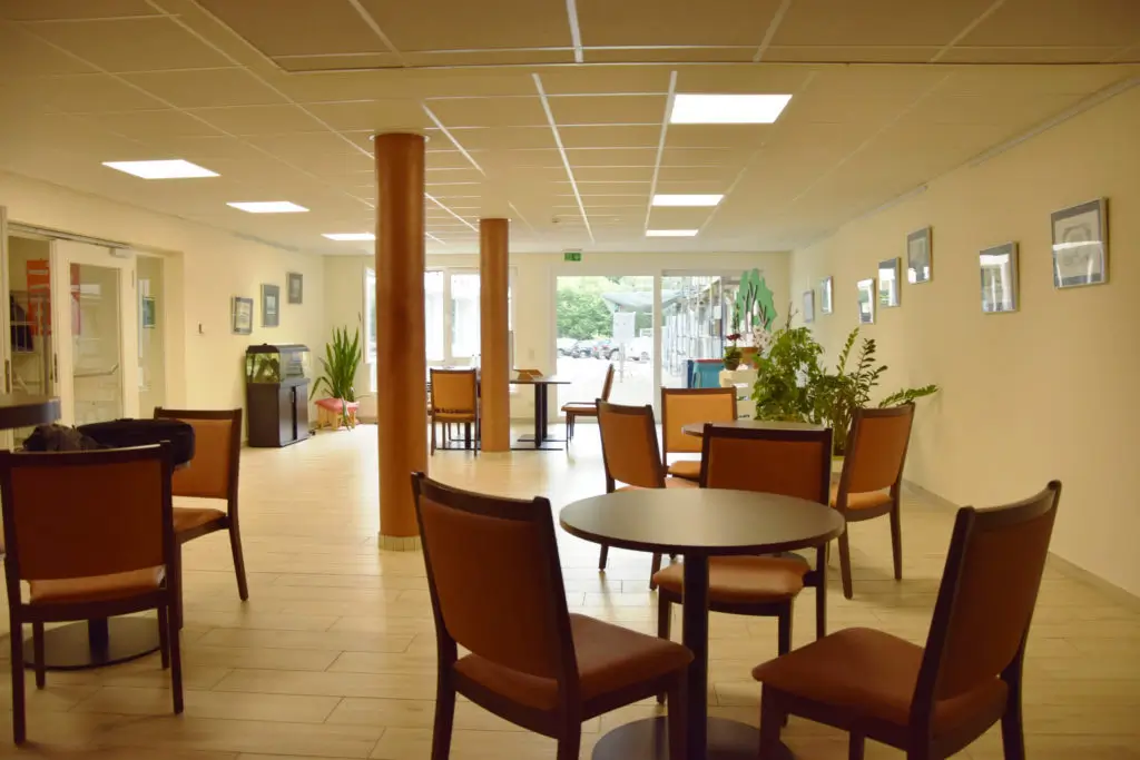 Helle Cafeteria mit mehreren runden Tischen und braunen Stühlen, Pflanzen und Bildern an den Wänden.
